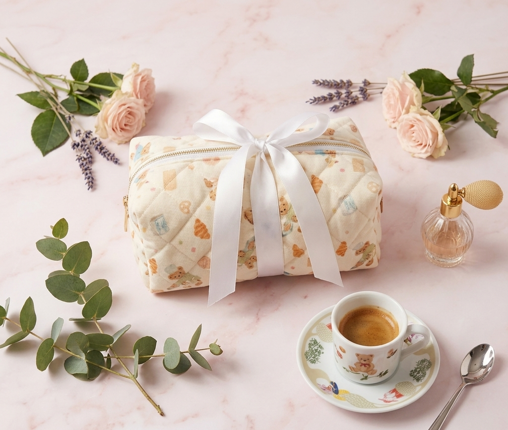 Gift wrapped in floral paper with a cup of coffee and flowers on a pink surface